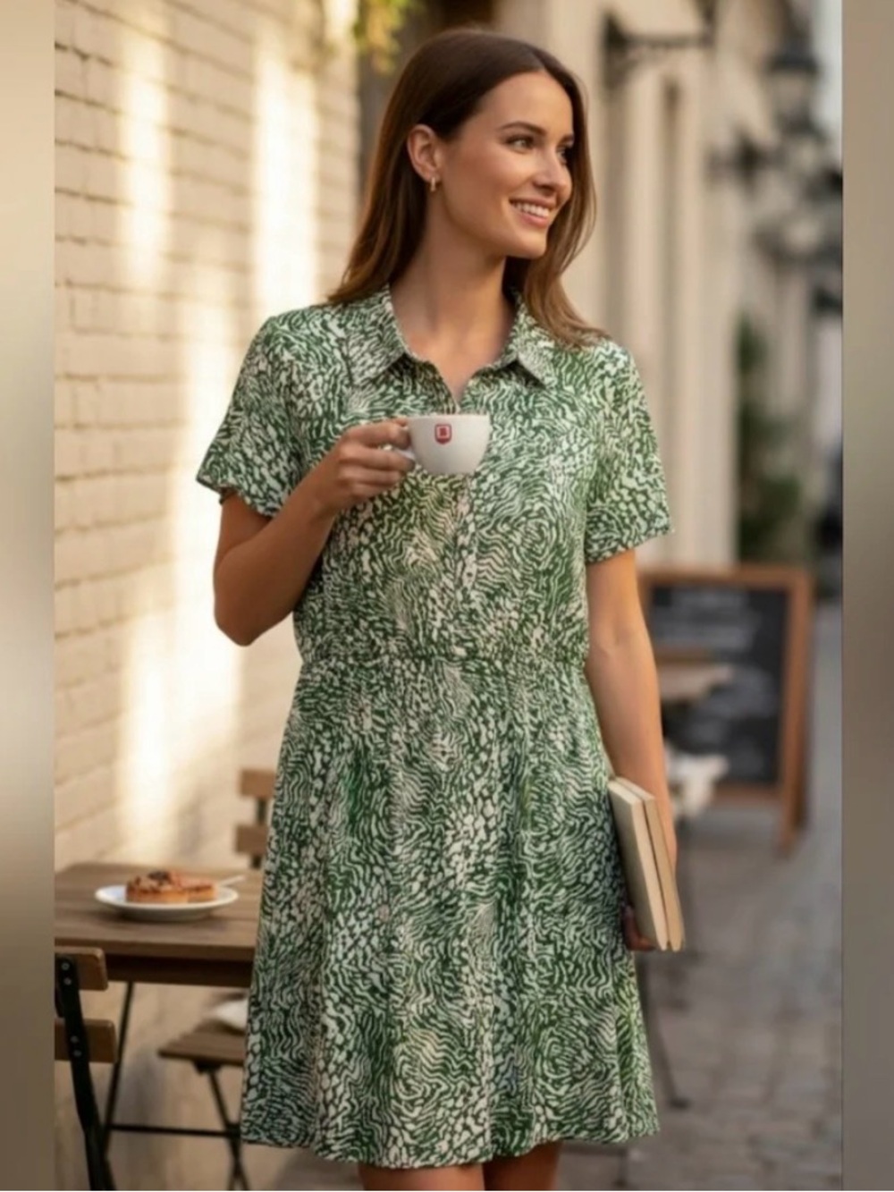 Primark Green and Cream Printed Short Sleeve Shirtdress